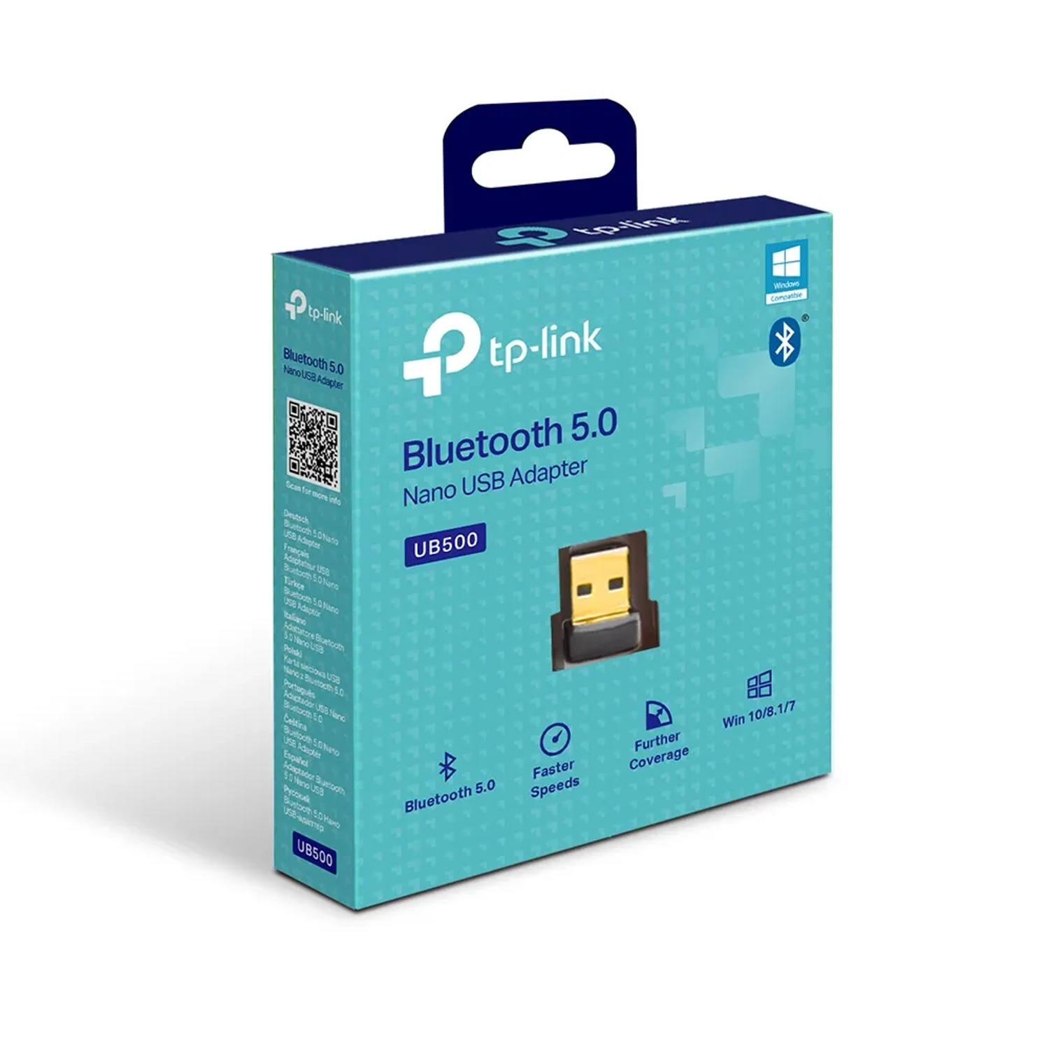 Adaptador USB TP-LINK Bluetooth 5.0, interfaz USB-A, antena interna, hasta 7 dispositivos, Plug & Play.