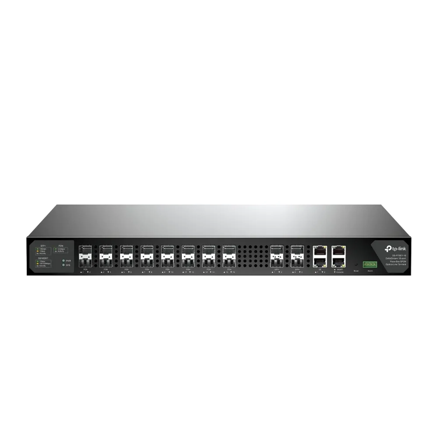 AGINET OLT GPON 16 puertos PON, hasta 2048 ONT y split 1:128, 4 puertos 10GE SFP+, 2 puertos Gigabit RJ45 uplink, gestión DPMS y fuentes redundantes.