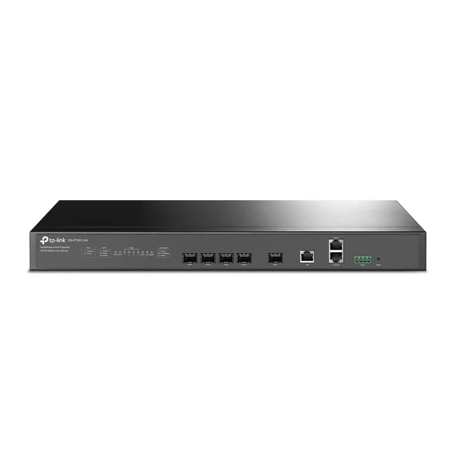AGINET OLT GPON 4 puertos PON, hasta 512 ONT y split 1:128, 1 puerto 10GE SFP+, 1 puerto Gigabit RJ45 uplink, gestión DPMS y fuentes redundantes.