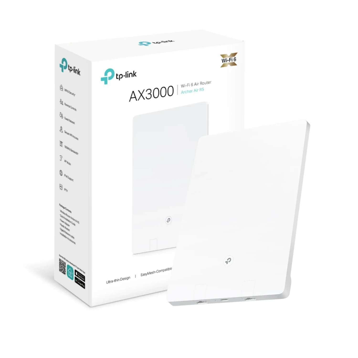 ARCHER AIR R5 TP-LINK Router WiFi6 dual band AX3000, 574+2402 Mbps, antenas internas, 1xGE+1xGE, OFDMA, HE160, WPA3, HomeShield, EasyMesh, ultra delgado.