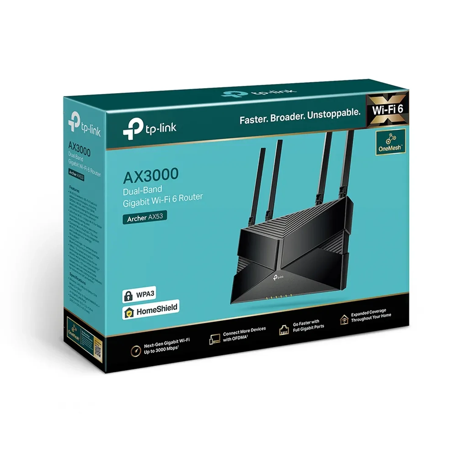 Archer AX53 TP-LINK Router WiFi6 dual band AX3000, 574+2402 Mbps, 4 antenas, 1xGE+4xGE, OFDMA, HE160, WPA3, HomeShield, EasyMesh.