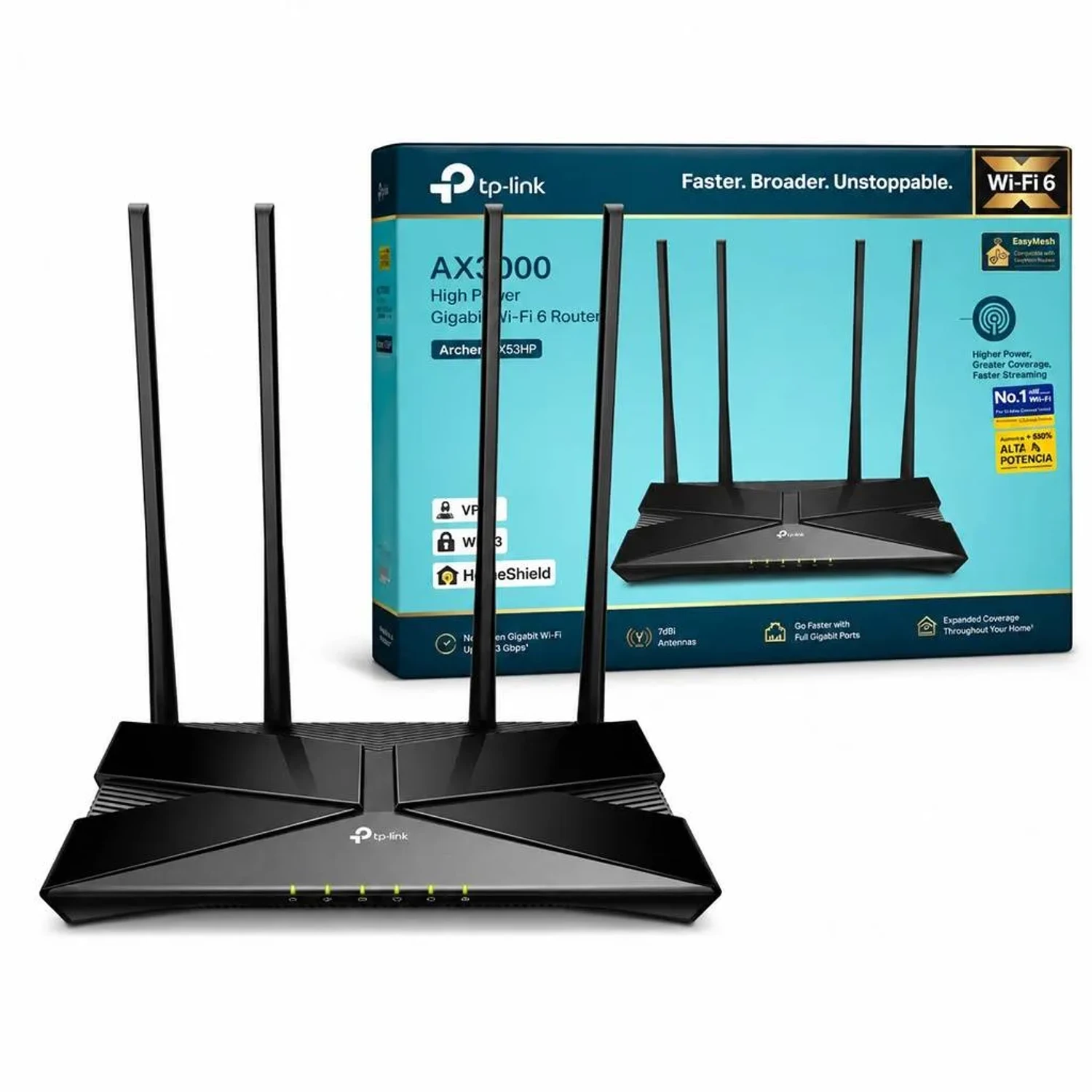 Archer AX53HP TP-LINK Router WiFi6 dual band AX3000 rompe muros, 574+2402 Mbps, 4 antenas 7dBi, 1xGE+4xGE, HE160, Beamforming, HomeShield, EasyMesh.