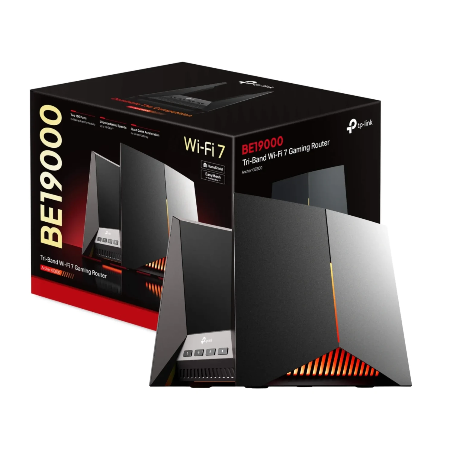 Archer GE800 TP-LINK Router Gaming WiFi7 tri band BE19000, 1376+5760+11520 Mbps, 8 antenas, 2x10G+4x2.5G, USB3.0, MLO, OFDMA, 320MHz, HomeShield, gaming, RGB, EasyMesh.