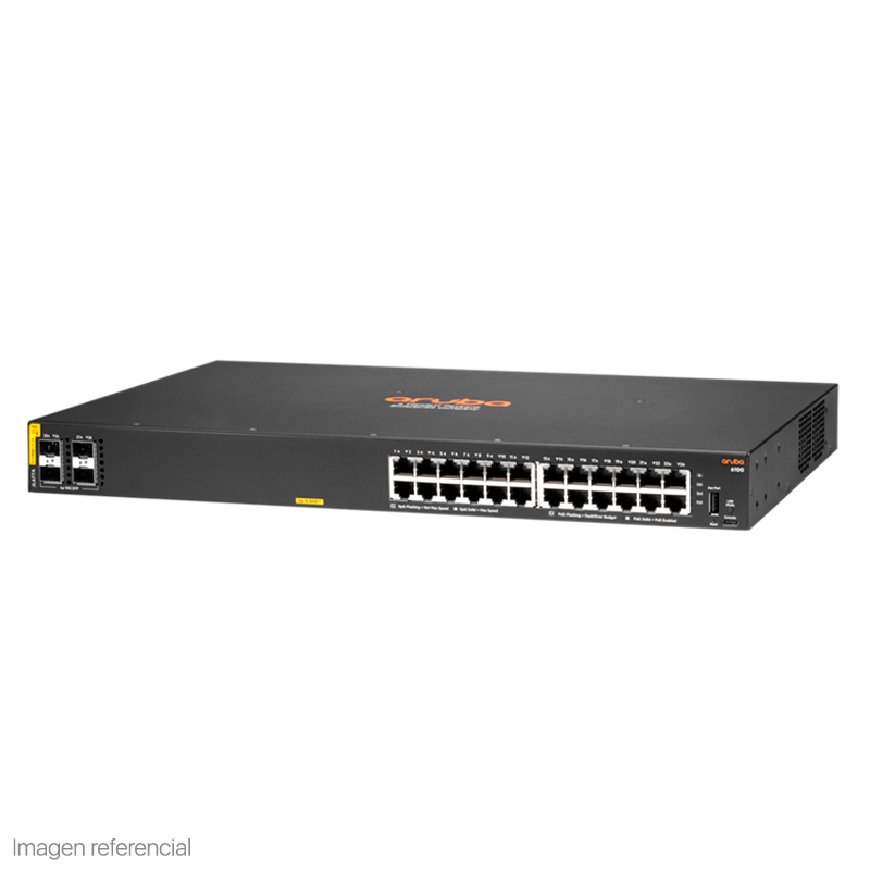 Switch HPE Aruba 6100 · 24 puertos Gigabit PoE Class 4 · 4 SFP+