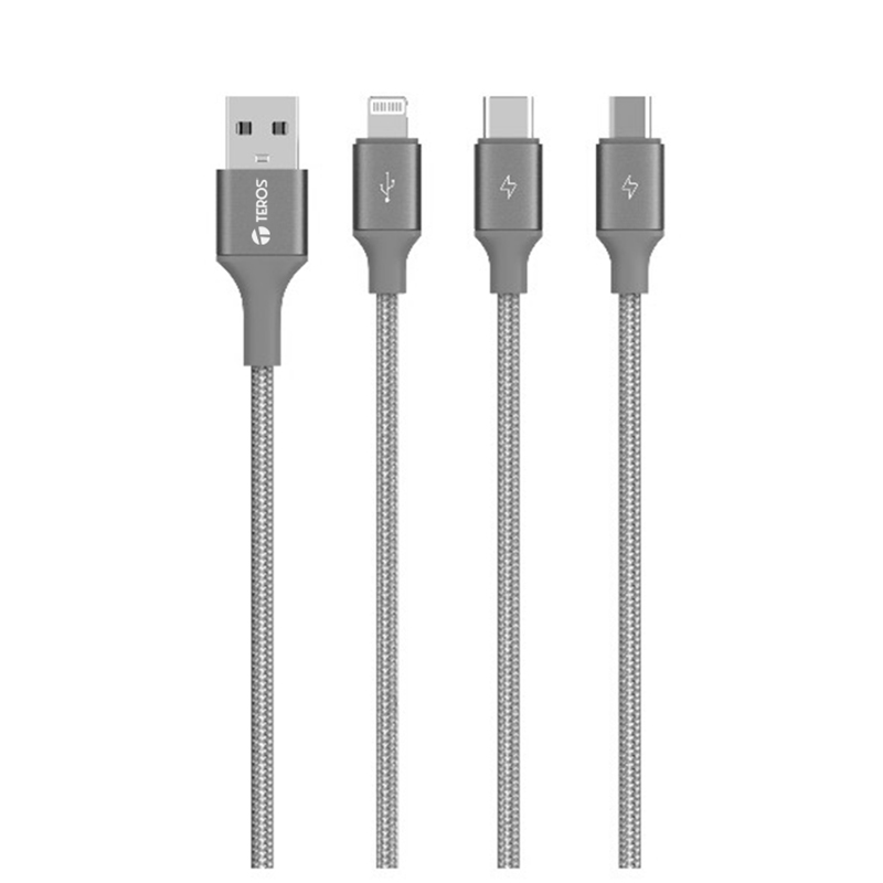 Cable de carga 3 en 1 Teros TE-70210W · USB-A a USB-C/Lightning/Micro USB · Gris