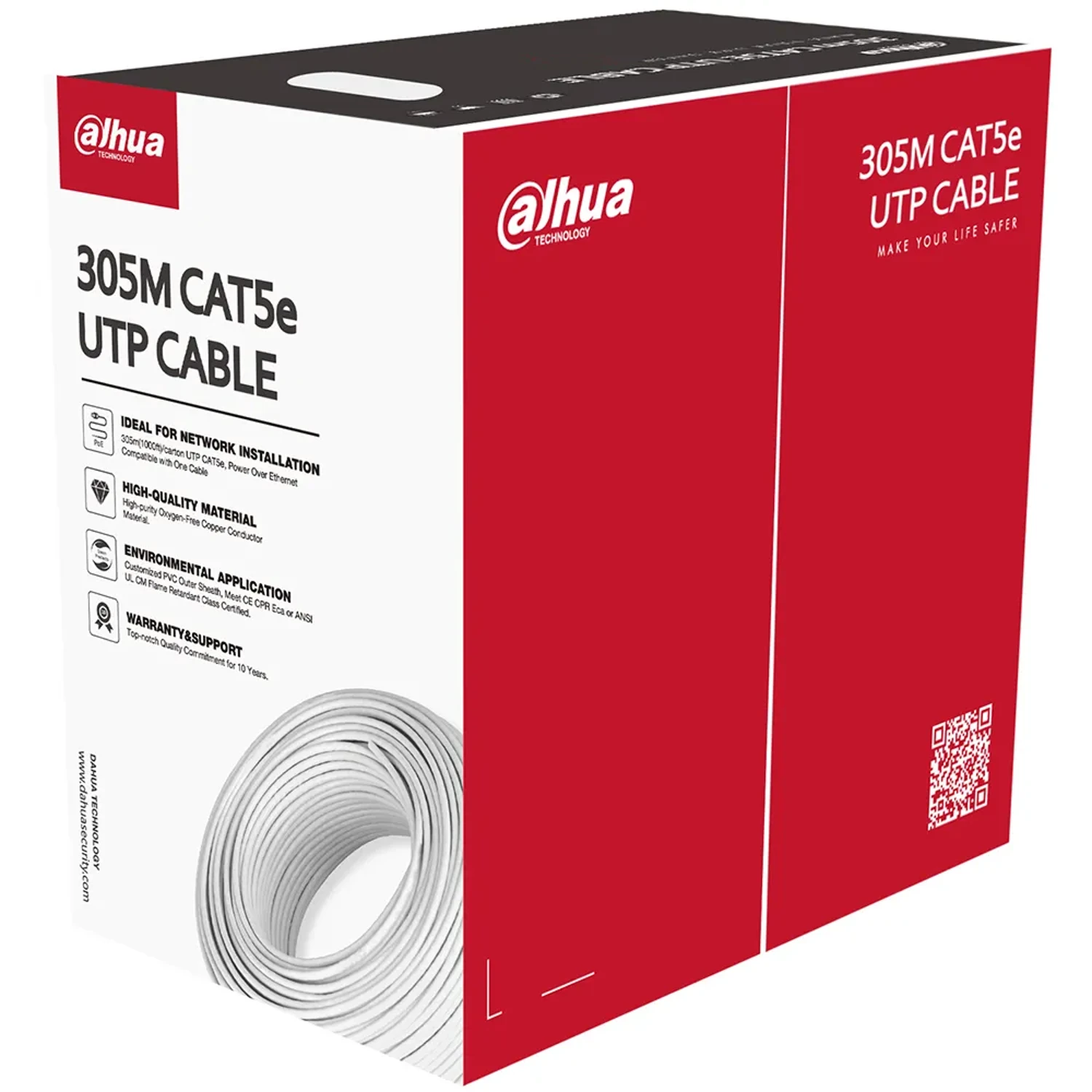 Cable de red UTP Dahua Cat5e cobre puro · Bobina 305 m · 24 AWG · PoE