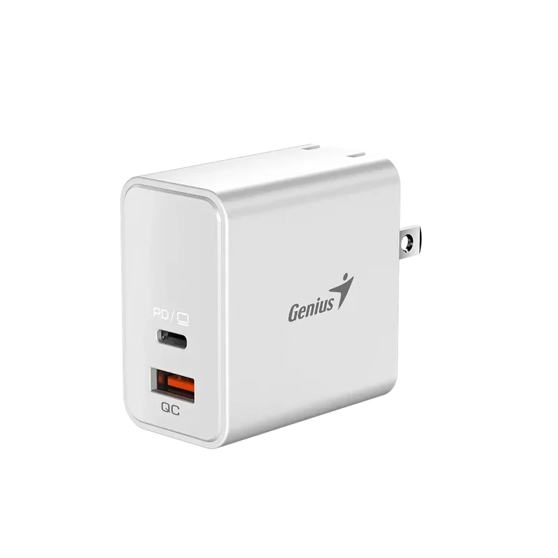 Cargador de pared Genius PD-65AC 65w carga rápida 1 USB-C 1 USB-A · Blanco