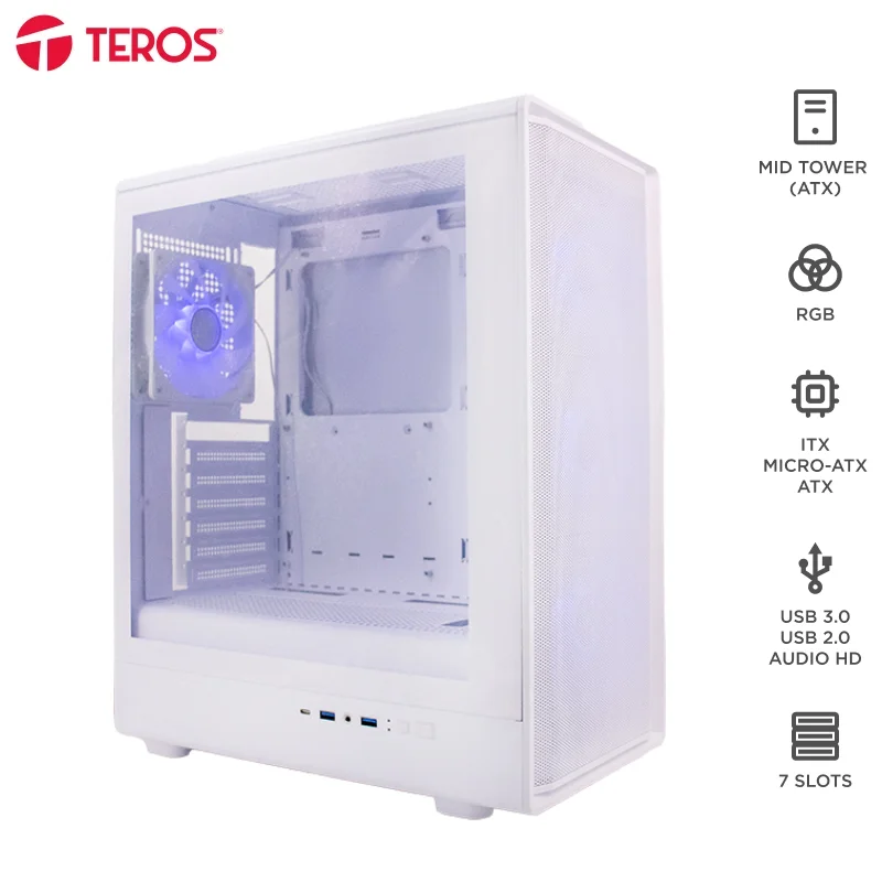 Case gamer Teros TE-1329G · Mid Tower · 4 ventiladores 120 mm · blanco