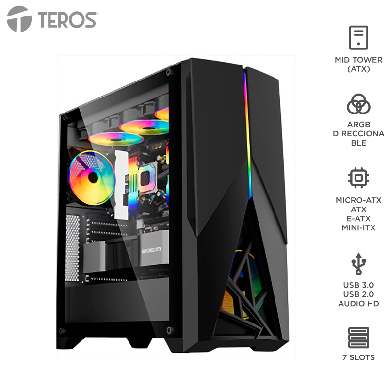 Case gamer Teros TE-1174N · Mid Tower · ventilador ARGB · negro