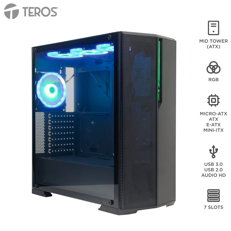 Case gamer Teros TE-1175N · Mid Tower · ventiladores ARGB · negro