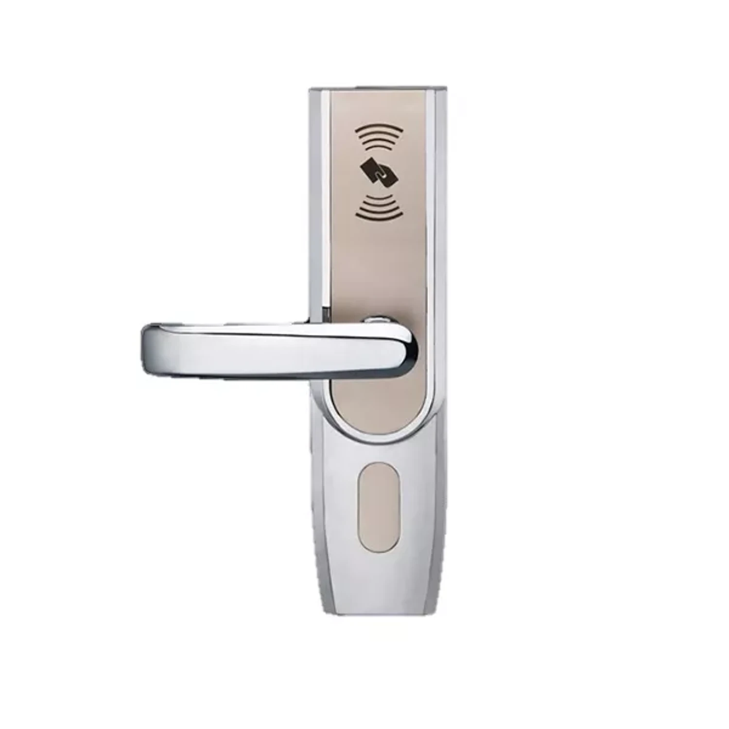 CERRADURA ELECTRÓNICA DE PROX. MIFARE-1DE 13.56MHZ,(DERECHA)CARCASA DE ALEACIÓN DE ZINC EN COLOR ORO Y PLATA/ELEGANTE Y FIRME/CINCO PESTILLOS ESTÁNDAR U.S./PARA PUERTAS CON GRUESO DE 35M