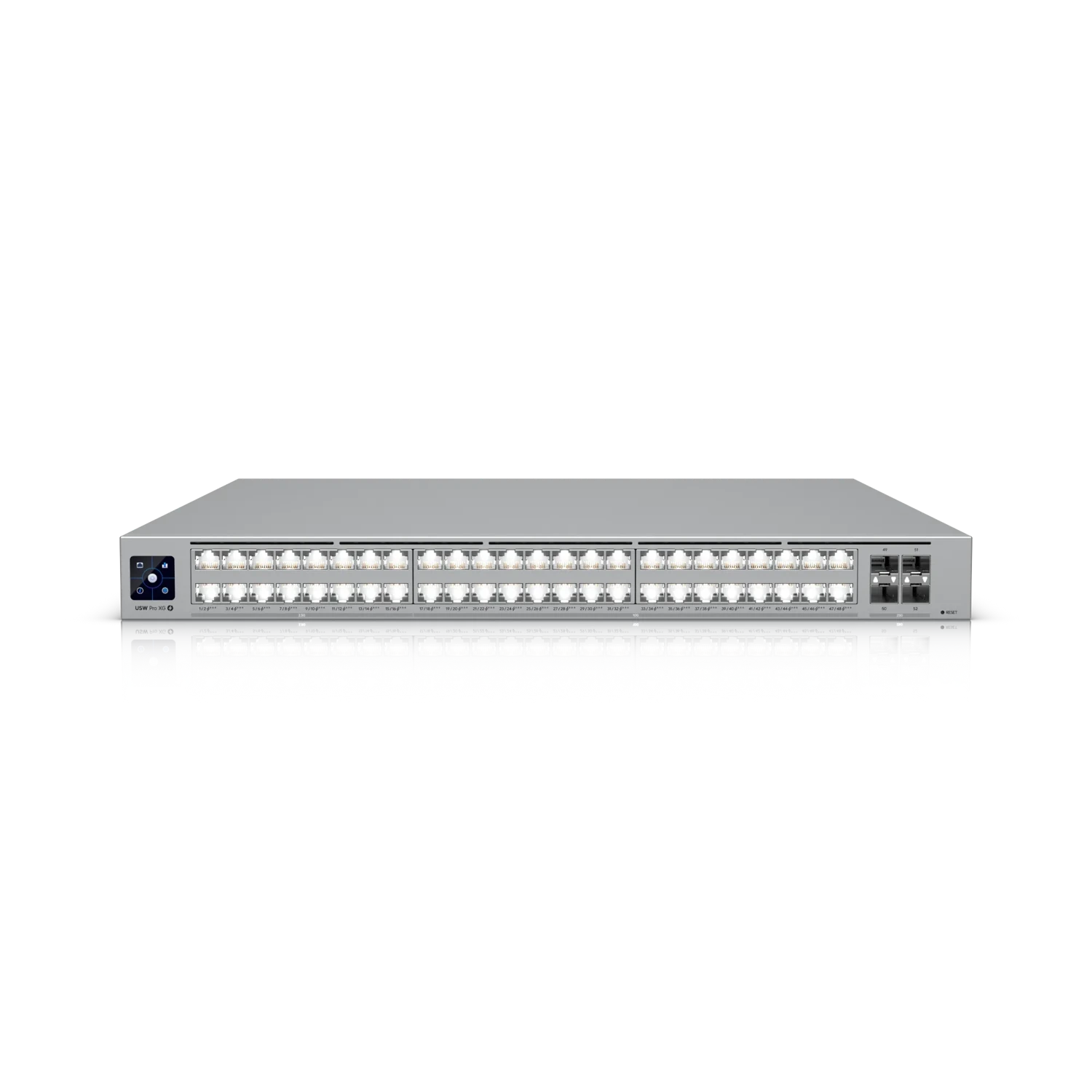 Conmutador Layer 3 de alto rendimiento con 48 puertos multigigabit, PoE+++ (hasta 90 W), 4× SFP28 25G, pantalla LCD y fuente redundante.