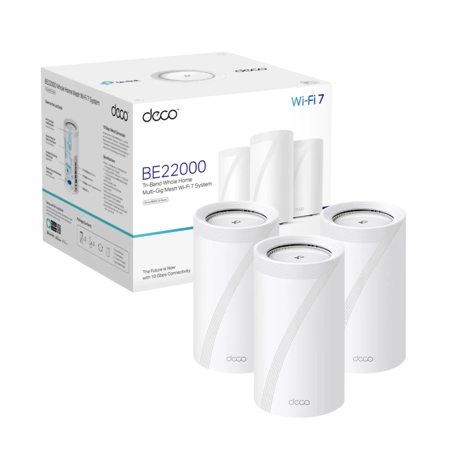Deco BE85(3-pack) TP-LINK Sistema Mesh WiFi7 tri band BE22000, 1376+8640+11520 Mbps, 8 antenas, 2x10G+2x2.5G, USB3.0, MLO, OFDMA, MU-MIMO, 320MHz, HomeShield, AI Mesh.