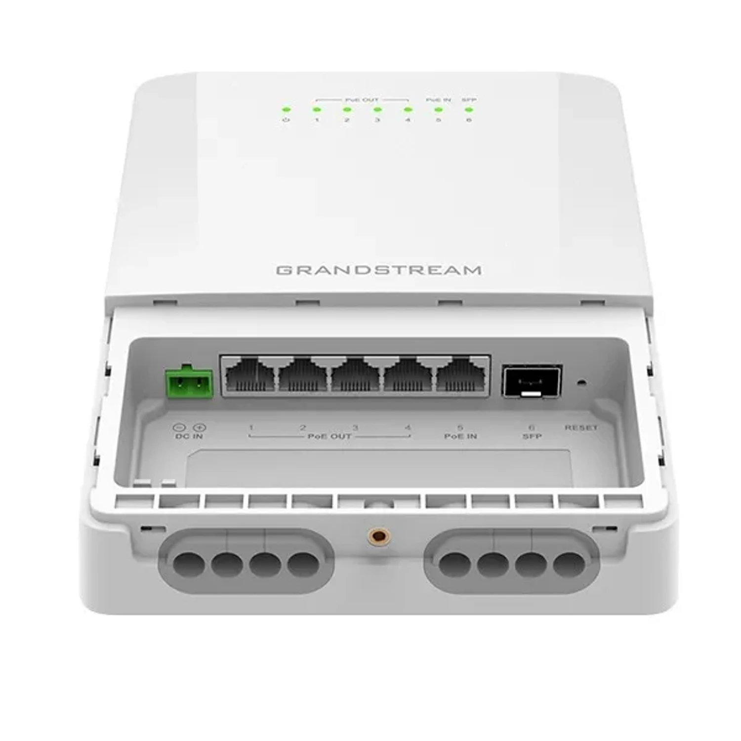 es un switch PoE gestionado de 6 puertos para exteriores, con carcasa IP66 resistente a condiciones climáticas extremas. Ofrece VLAN, QoS, gestión en la nube y un puerto SFP de 25G