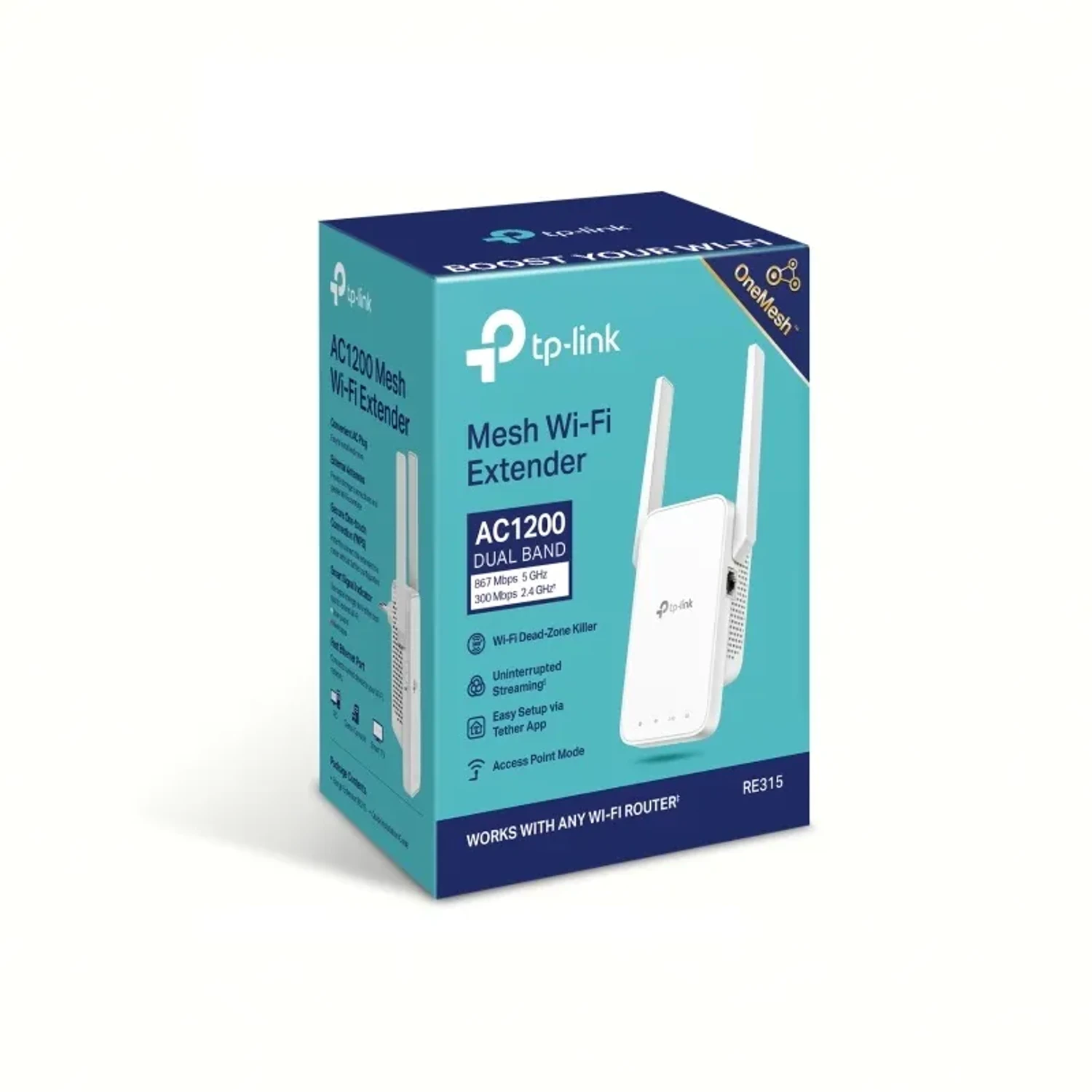 Extensor TP-LINK WiFi 5 AC1200 dual band (5GHz/2.4GHz), hasta 1200Mbps, 2 antenas externas, 1 puerto Fast Ethernet, EasyMesh, modo AP, WPA3.
