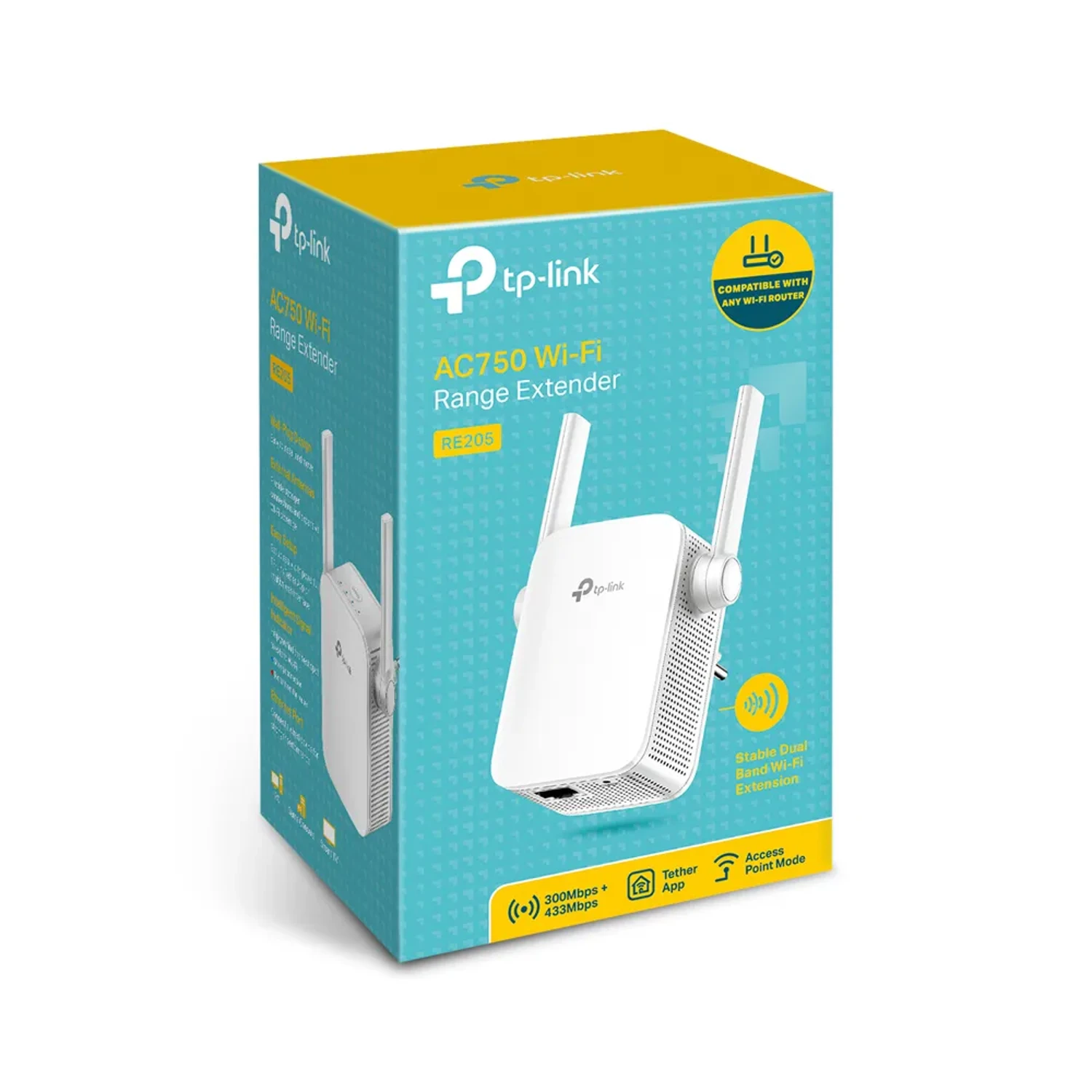Extensor TP-LINK WiFi 5 AC750 dual band (5GHz/2.4GHz), hasta 750Mbps, 2 antenas externas, 1 puerto Fast Ethernet, modo AP, indicador de señal, WPA2.
