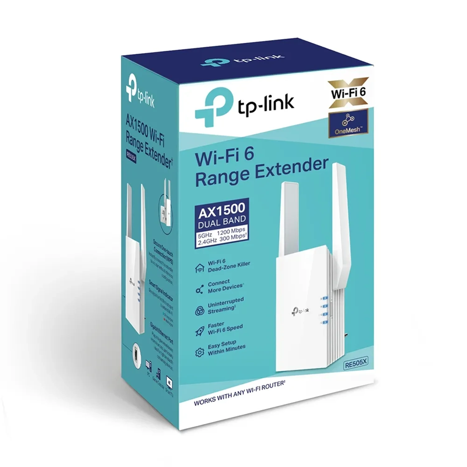 Extensor TP-LINK WiFi 6 AX1500 dual band (5GHz/2.4GHz), hasta 1500Mbps, 2 antenas externas, 1 puerto Gigabit, EasyMesh, modo AP, WPA3.