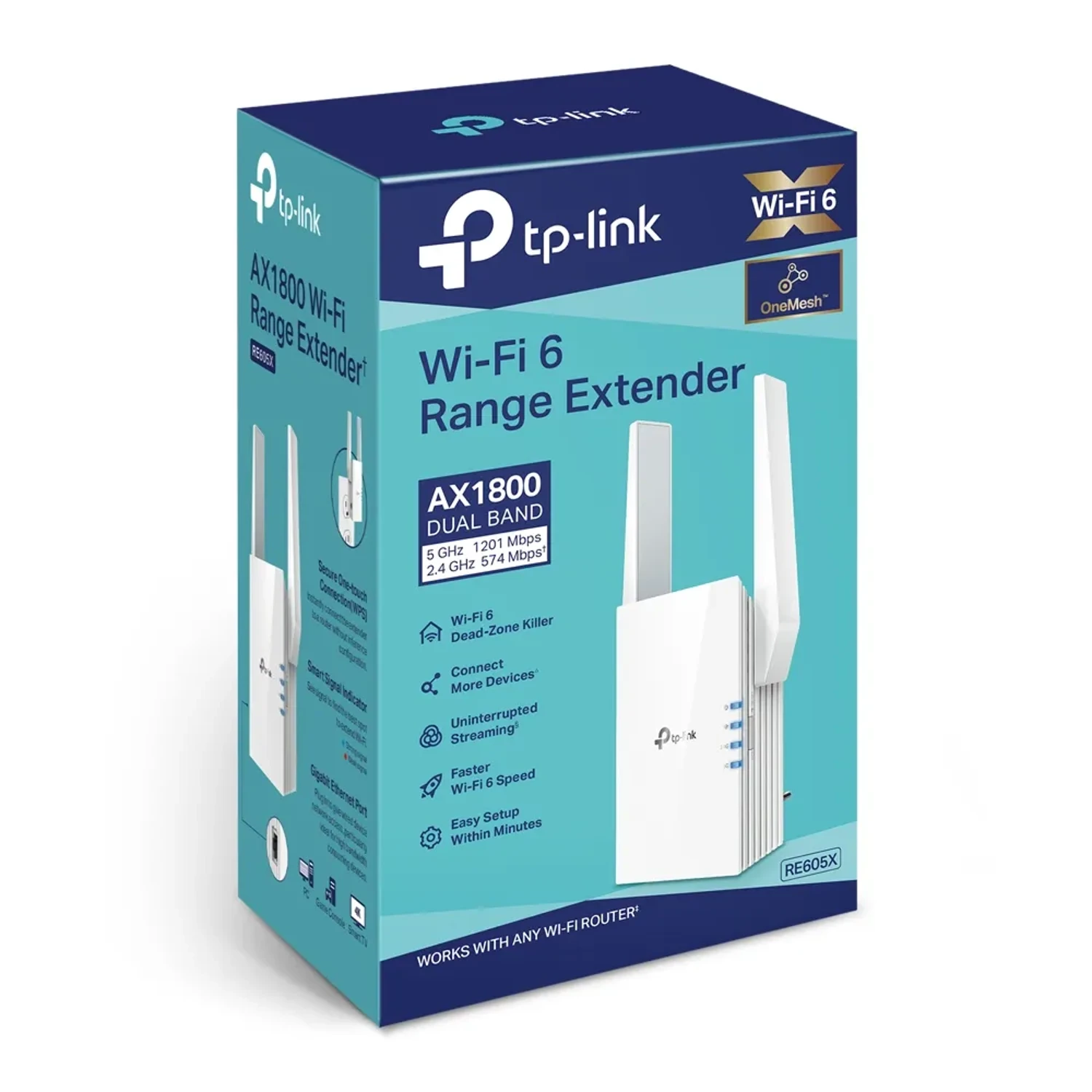 Extensor TP-LINK WiFi 6 AX1800 dual band (5GHz/2.4GHz), hasta 1800Mbps, 2 antenas externas, 1 puerto Gigabit, EasyMesh, modo AP, WPA3.