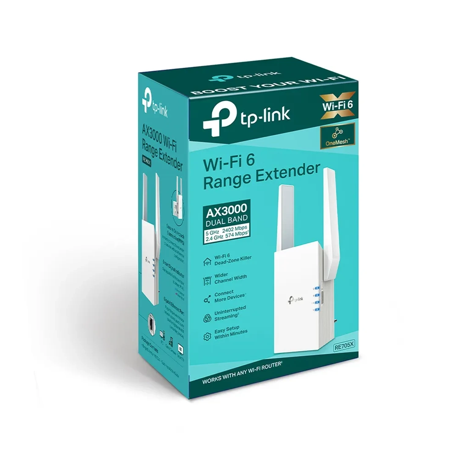 Extensor TP-LINK WiFi 6 AX3000 dual band (5GHz/2.4GHz), hasta 3000Mbps, 2 antenas externas, 1 puerto Gigabit, EasyMesh, modo AP, WPA3.