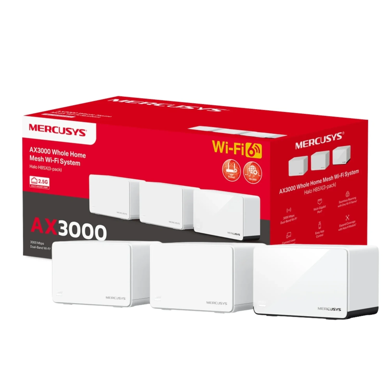 Halo H85X(3-Pack) Mercusys Sistema Mesh WiFi 6 AX3000 Dual Band, 2.4GHz 574Mbps, 5GHz 2402Mbps, 3 puertos Gigabit por nodo, OFDMA, MU-MIMO.