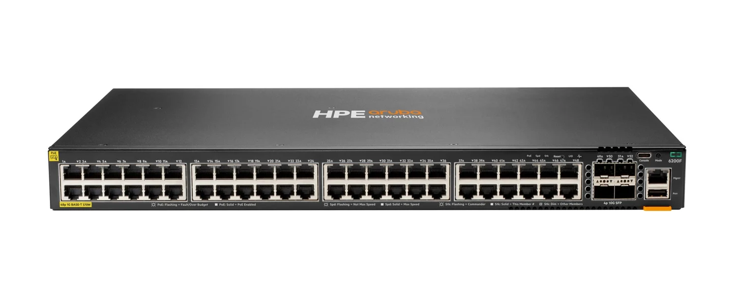 Switch HPE Aruba Networking CX 6200F · 48 puertos Gigabit PoE Class 4 · 4 SFP+ · 370 W
