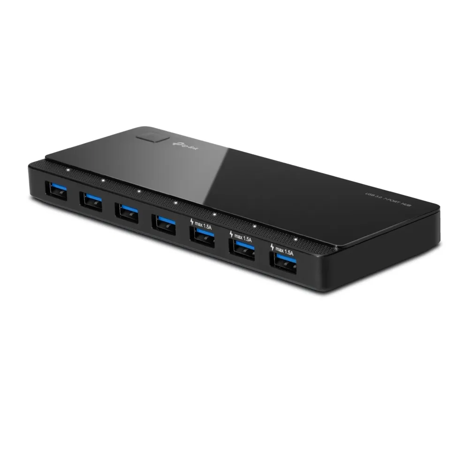 Hub USB TP-LINK 7 puertos USB 3.0, interfaz USB-A 5Gbps, fuente de alimentación externa, Plug & Play, compatible multiplataforma.