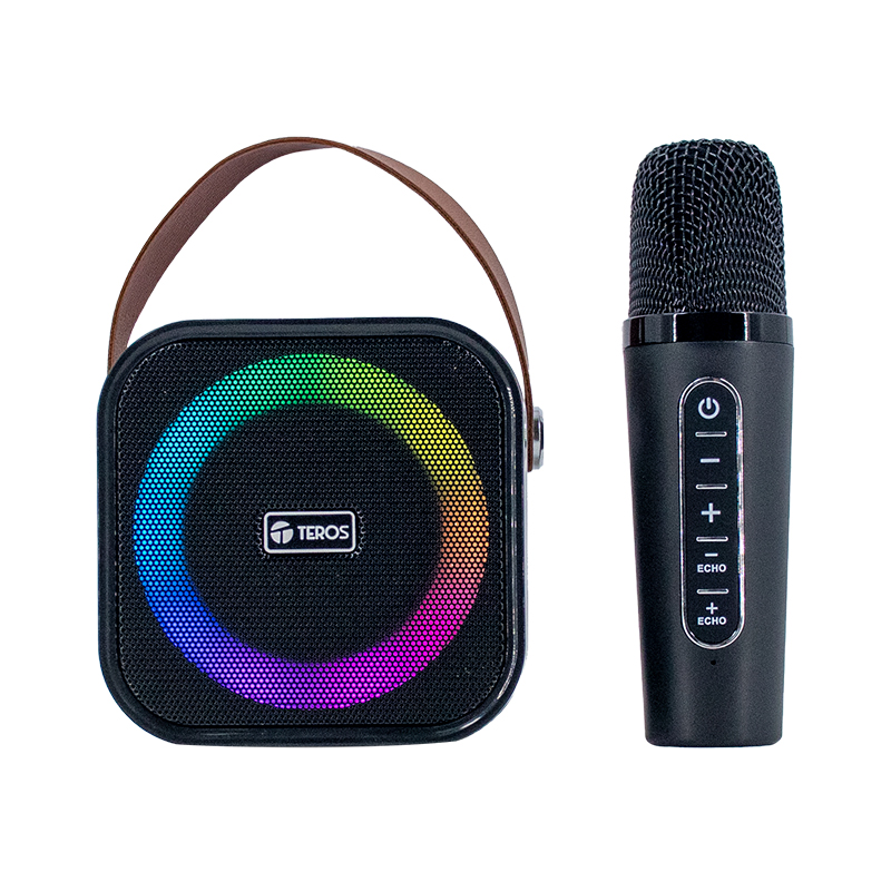 Parlante karaoke Teros TE-6013N · 10 W · Bluetooth 5.4 · FM · Micrófono inalámbrico · RGB