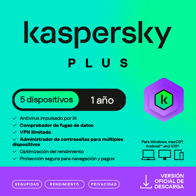 Kaspersky Plus · 5 PC · 1 año · Virtual