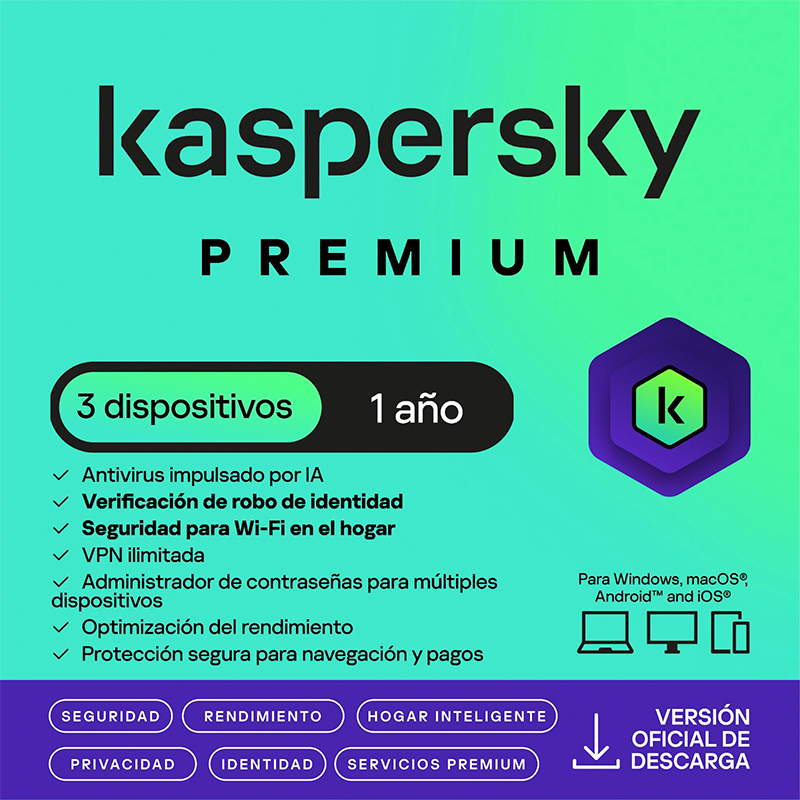 Kaspersky Premium · 3 PC · 1 año · Virtual