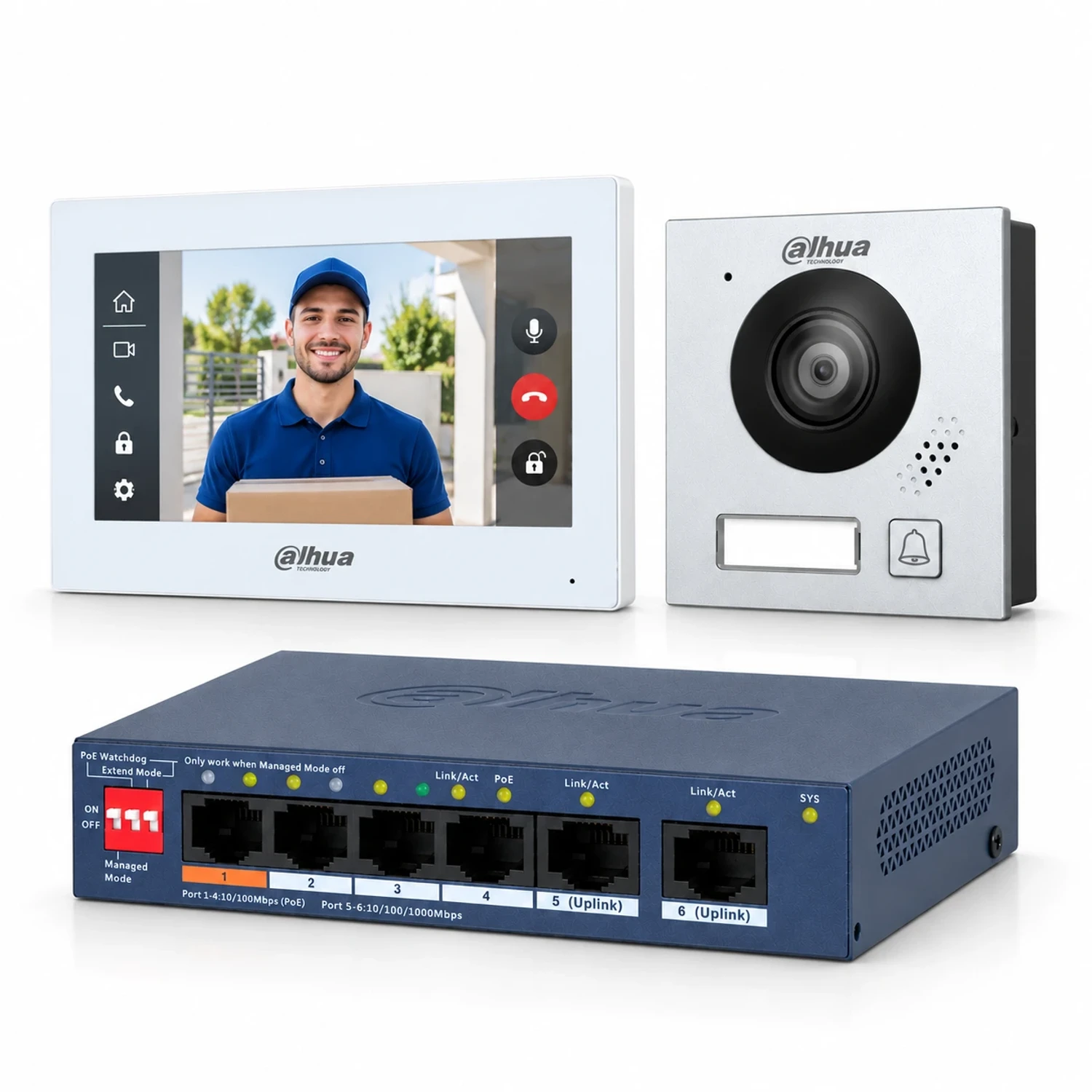 KIT DE VIDEO PORTERO IP 1 BOTON, VTO 2 MP IP65/IK07, MONITOR INTERIOR TACTIL 7" WIFI, SWITCH POE 4 X 10/100 + 2 X GIGABIT, 60 W