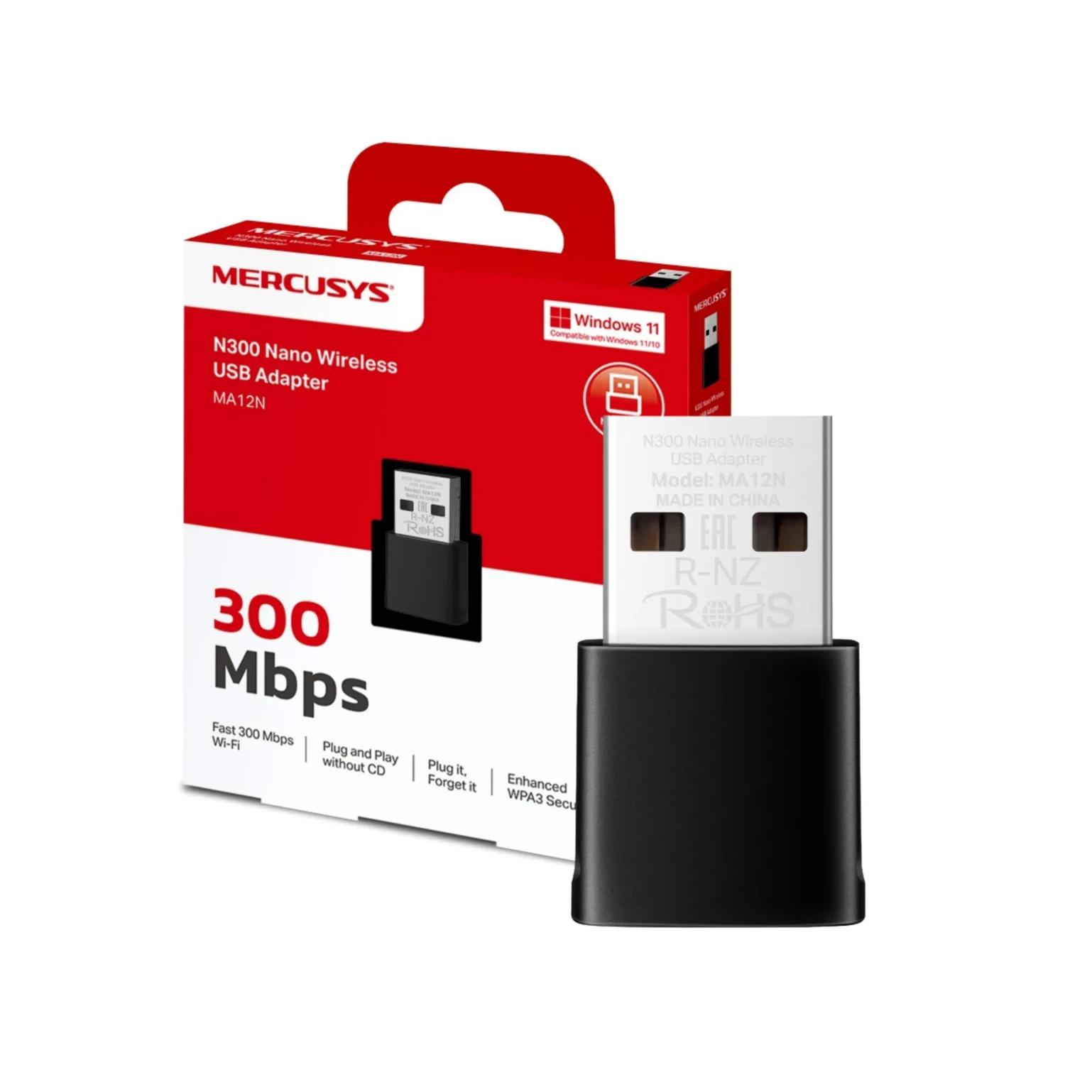 MERCUSYS Adaptador USB WiFi N300, WiFi 4 300Mbps single band 2.4GHz, USB 2.0, diseño nano, antena interna, WPA3, Plug & Play, compatible con Windows 11/10.