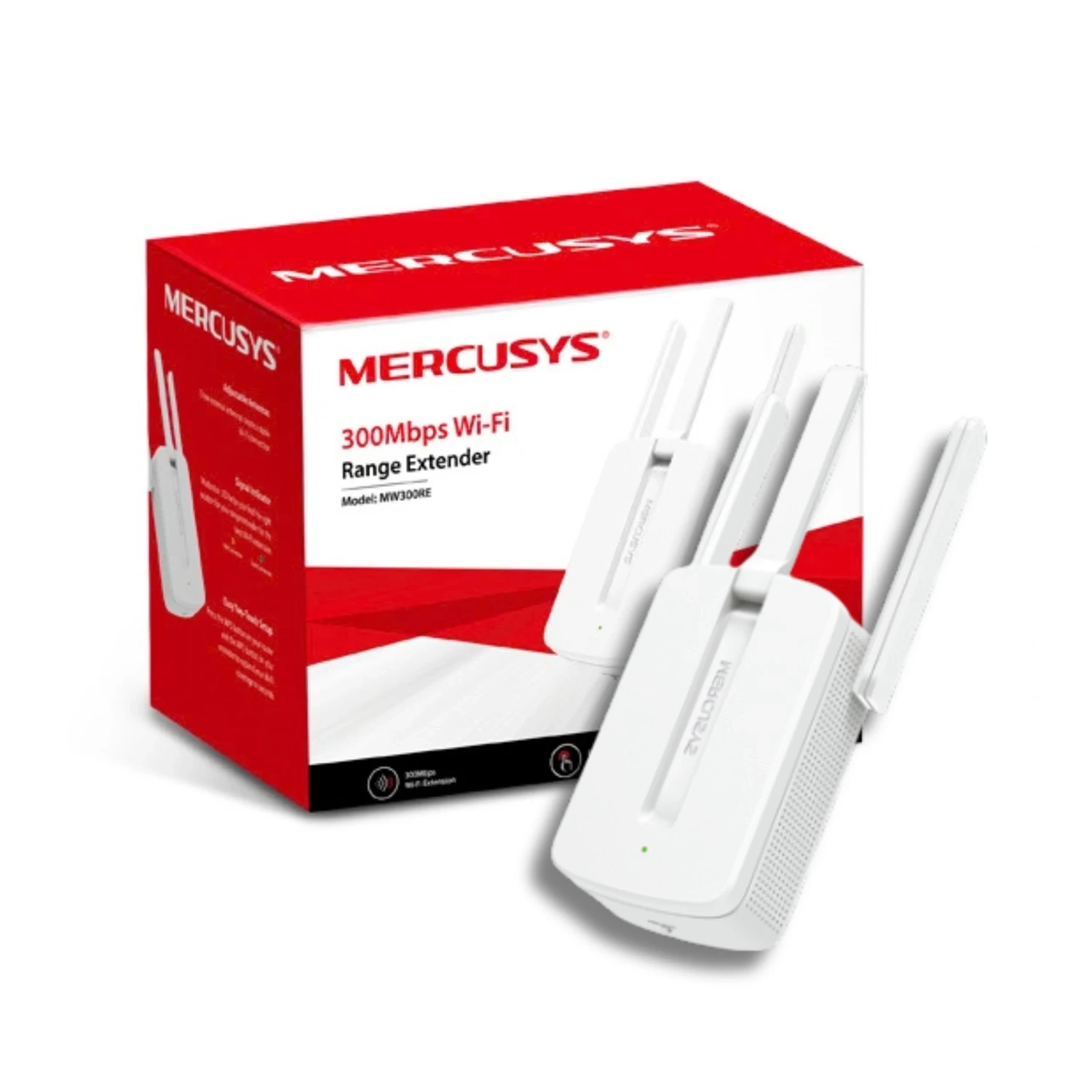 Mercusys Extensor de Rango WiFi N300 Single Band, 2.4GHz 300Mbps, 1x Fast Ethernet 10/100Mbps, 3 antenas externas, modo AP, WPS.