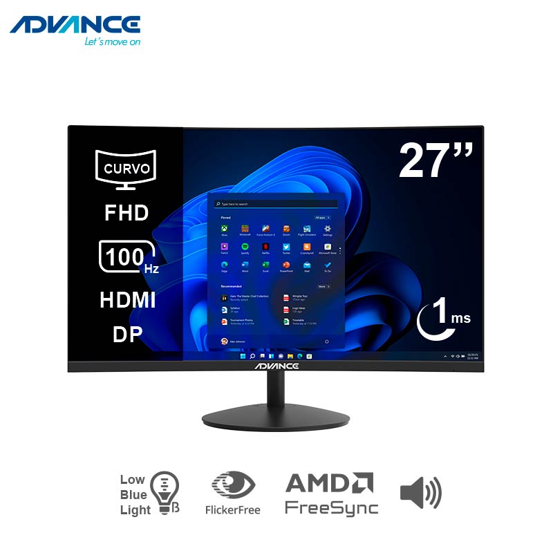 Monitor curvo Advance ADV-2751S 27" · Full HD VA · 100 Hz · 1 ms