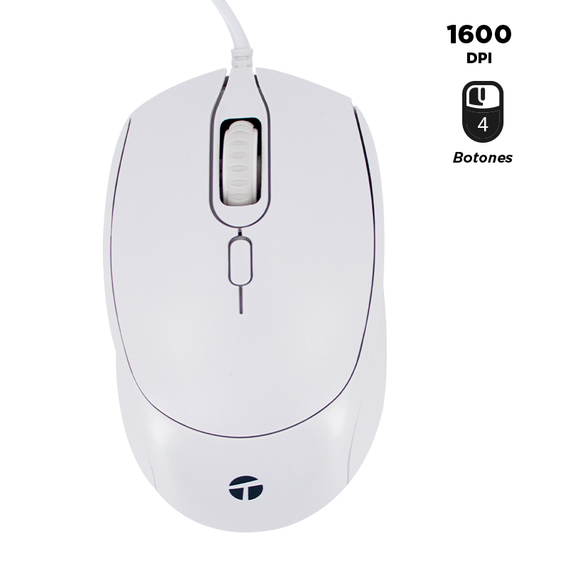 Mouse alámbrico Teros TE-1225S · 1600 DPI · USB · Blanco