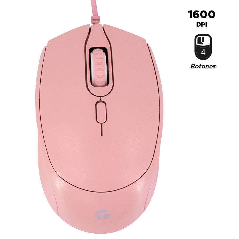 Mouse alámbrico Teros TE-1226S · 1600 DPI · USB · Rosa