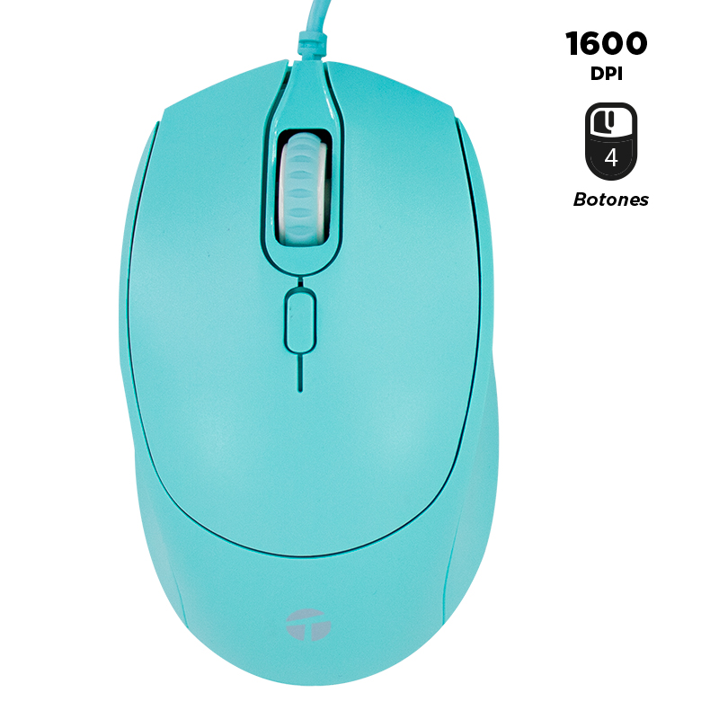 Mouse alámbrico Teros TE-1227S · 1600 DPI · USB · Verde menta