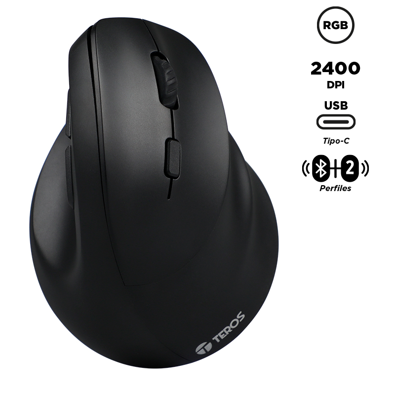 Mouse vertical inalámbrico Teros TE-5169N · 2400 DPI · 2.4 GHz y Bluetooth · Recargable
