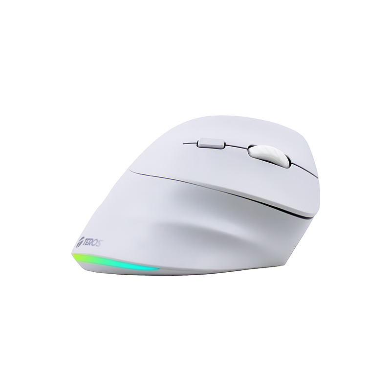 Mouse vertical inalámbrico Teros TE-1236S · 2400 DPI · Bluetooth dual · RGB · Blanco