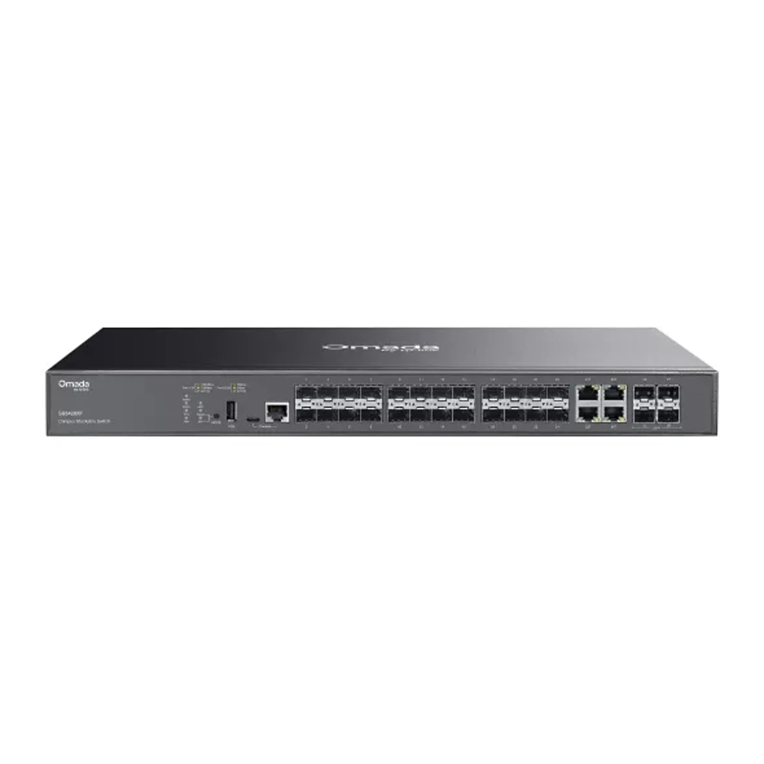 OMADA Switch Administrable L3, 20 puertos SFP Gigabit, 4 puertos Combo RJ45/SFP, 4 puertos SFP+ 10G, capacidad switching 128Gbps, apilable, gestión Cloud Omada.