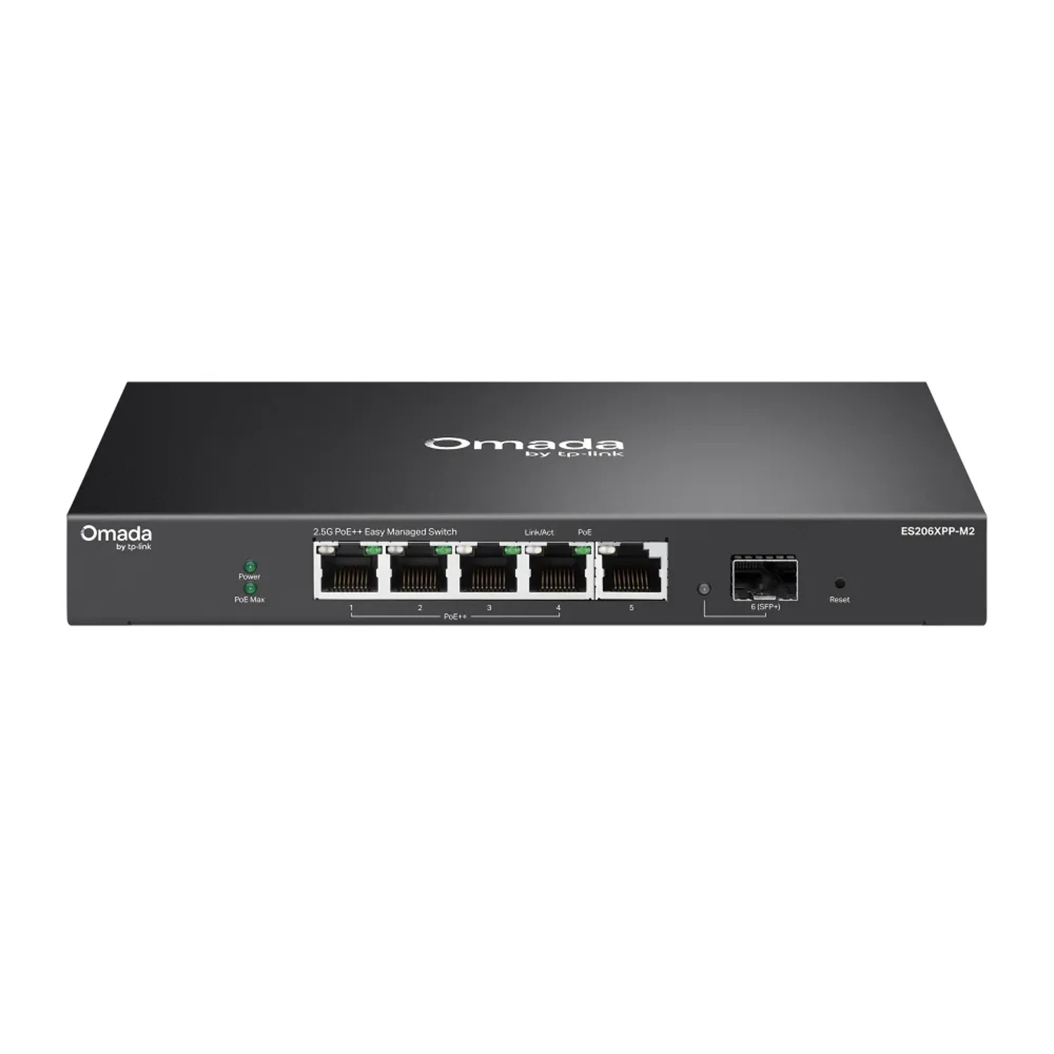 Omada Switch Easy Managed 6 puertos, 4×2.5G PoE++ + 1×2.5G + 1×10G SFP+, PoE 120W, VLAN, QoS, LAG, IGMP, gestión Omada SDN, fanless.