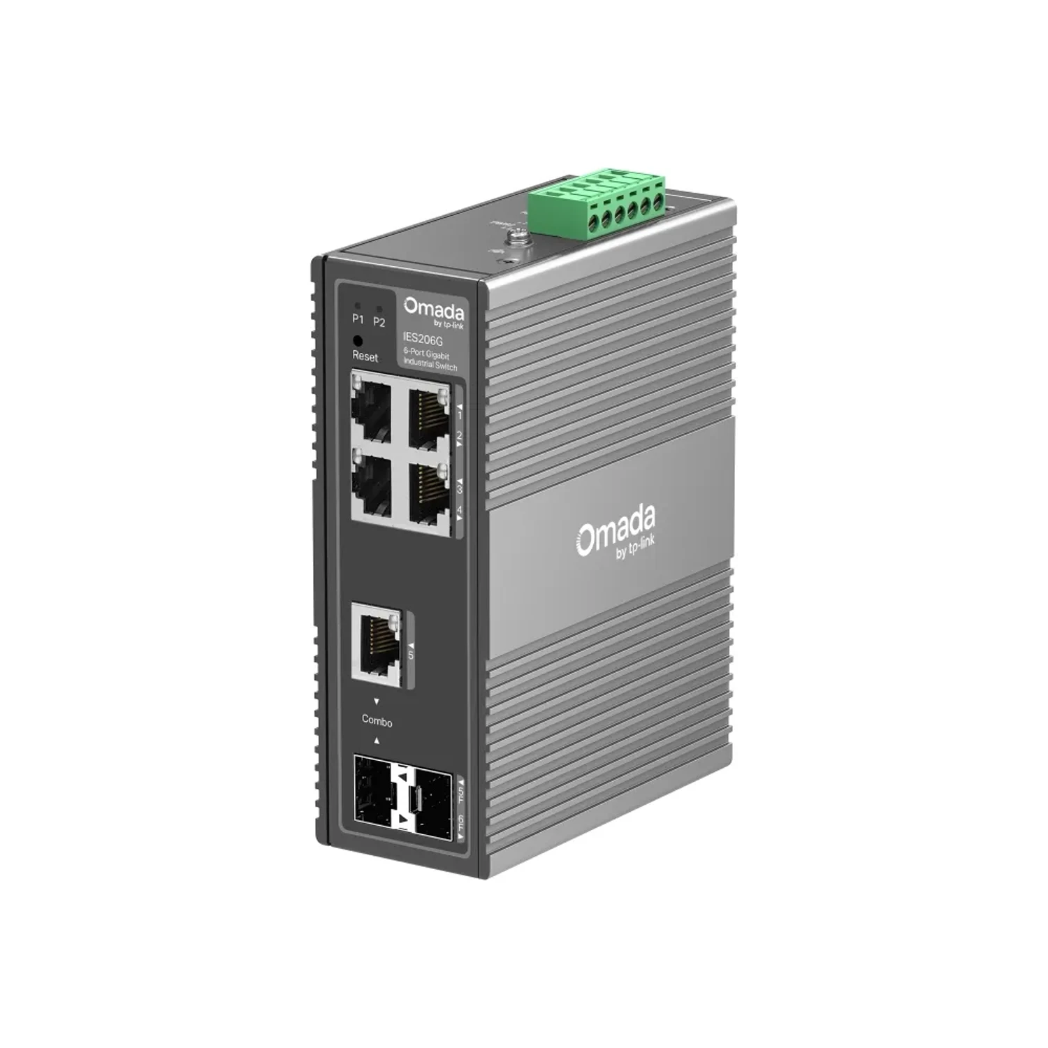 Omada Switch Industrial Easy Managed 6 puertos Gigabit, 4×RJ45 + SFP + Combo, -40~75 °C, VLAN, QoS, LAG, IGMP, gestión Omada SDN, DIN/Wall, fanless.