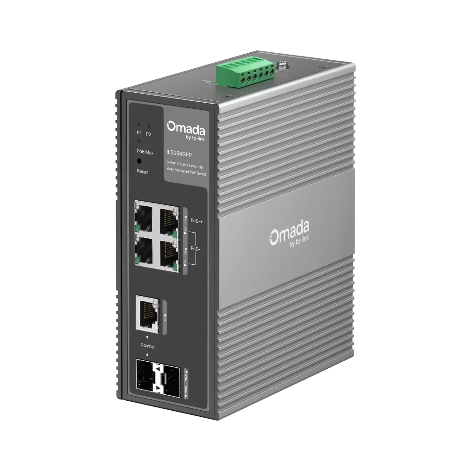 Omada Switch Industrial Easy Managed 6 puertos Gigabit, 1×PoE++ + 3×PoE+ + SFP + Combo, PoE hasta 120W, -40~75 °C, DIN/Wall, fanless.