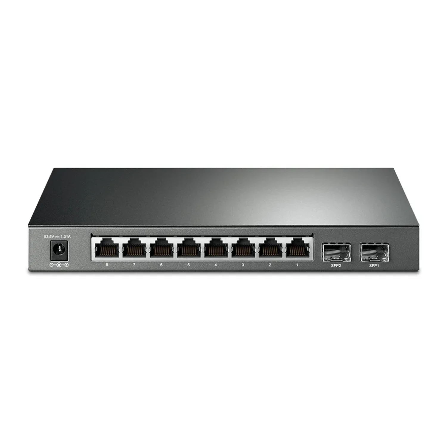 Omada Switch Smart 10 puertos Gigabit, 8×PoE+ + 2×SFP, PoE 61W, VLAN, QoS, ACL, LACP, IPv6, gestión Omada SDN, escritorio.