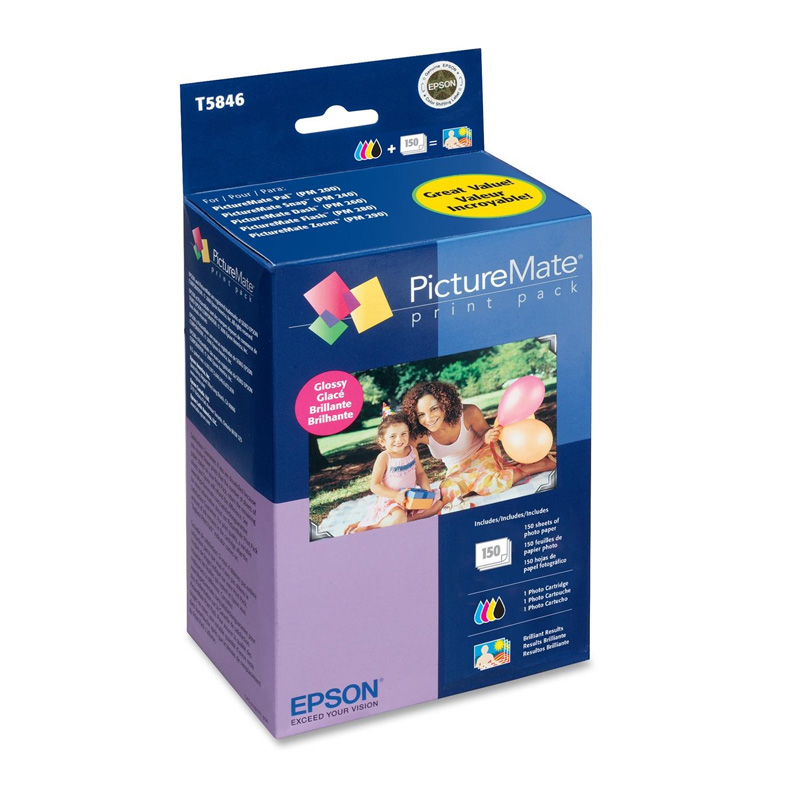 Pack de impresión Epson PictureMate 200 T5846 · Cartucho y 150 hojas 10x15 cm