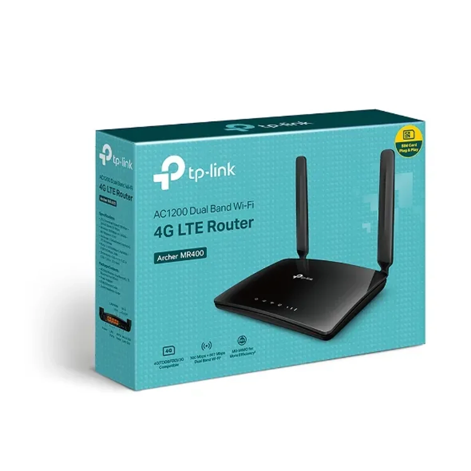 Router TP-LINK 4G LTE WiFi 5 AC1200 dual band (5GHz/2.4GHz), hasta 1200Mbps, 2 antenas LTE, 1 puerto WAN/LAN + 3 LAN Fast, slot SIM, MU-MIMO