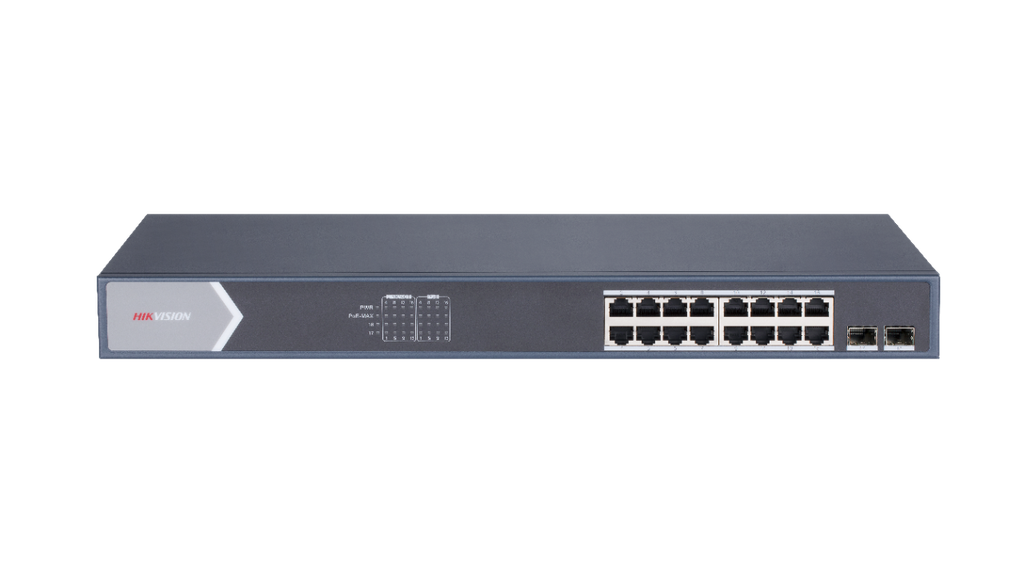Switch Smart administrable Hikvision DS-3E1518P-SI · 16 puertos PoE Gigabit · 2 SFP