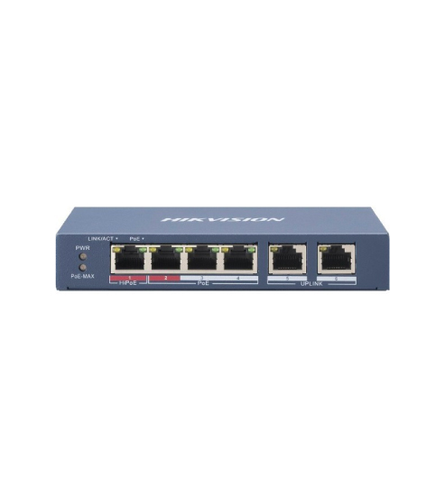 Switch PoE Hikvision DS-3E0106HP-E · 4 puertos 10/100 Mbps · Hi-PoE · 2 uplink