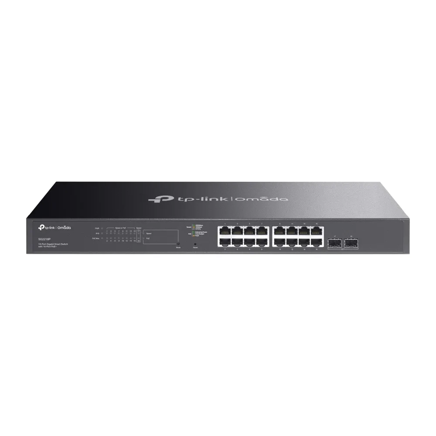 Switch administrable Omada L2+, 16 Gb PoE+ (150W), 2 SFP 1G, fanless, ACL, QoS, IGMP, static routing.