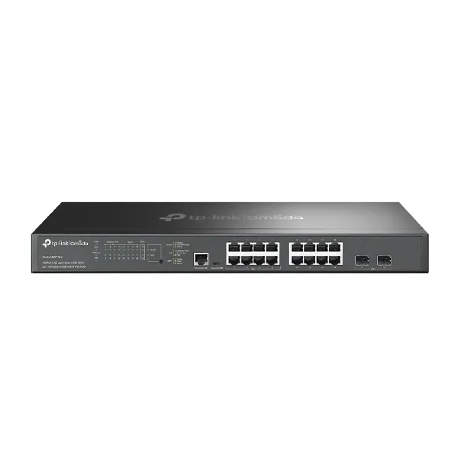 Switch administrable Omada L2+, 16×2.5G (8 PoE+ 240W), 2 SFP+ 10G, 120Gbps, QoS L2/3/4, IGMP, ACL, static routing.