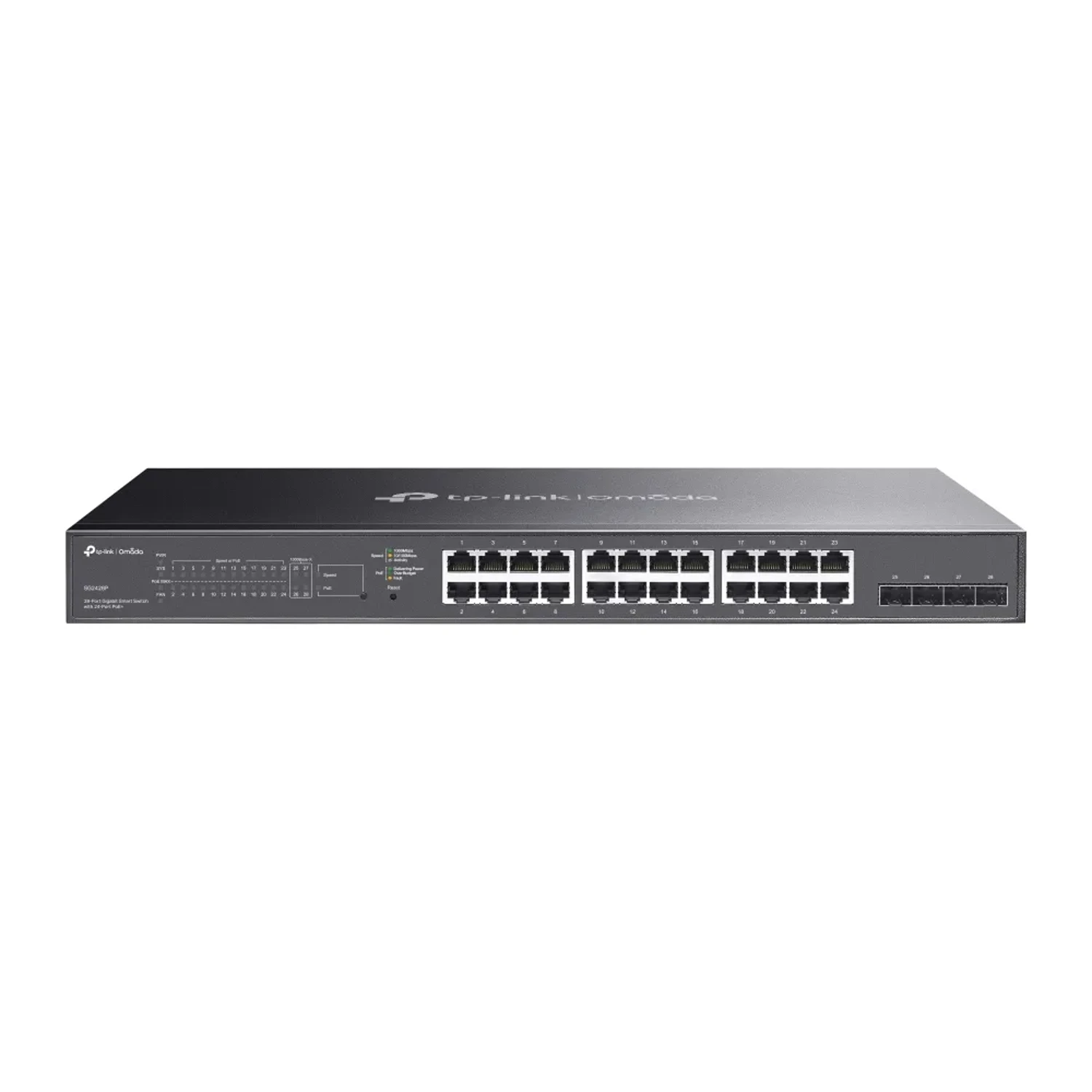 Switch administrable Omada L2+, 24 Gb PoE+ (250W), 4 SFP 1G, 56Gbps, jumbo 9K, ACL, QoS, IGMP, static routing.